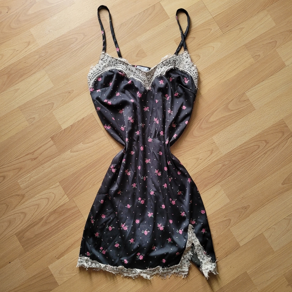 Floral Black Slip Dress with Lace Trim